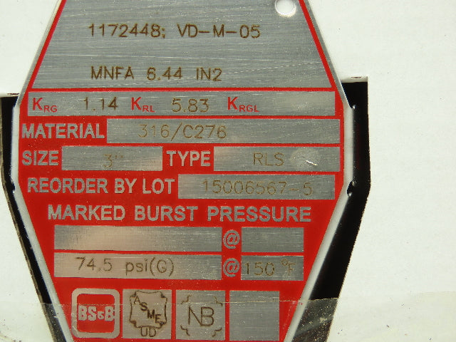 BS&B Safety Systems 1172448; VD-M-05 Rupture Disk 3" Type RLS 74.5 PSIG @ 150°F