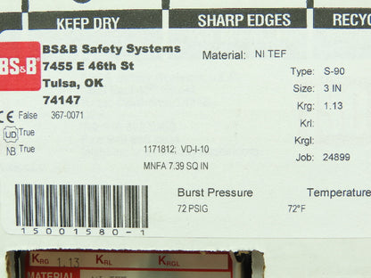 BS&B Safety Systems 1171812; VD-I-10 Rupture Disk 3" Type S-90 72 PSIG @ 72°F