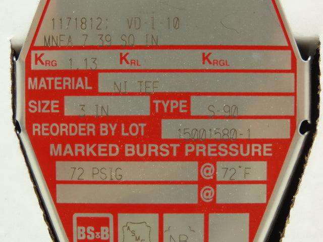 BS&B Safety Systems 1171812; VD-I-10 Rupture Disk 3" Type S-90 72 PSIG @ 72°F