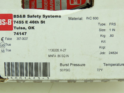 BS&B Safety Systems 1136335; K-27 Rupture Disk 1" Type FRS 50 PSIG @ 72°F
