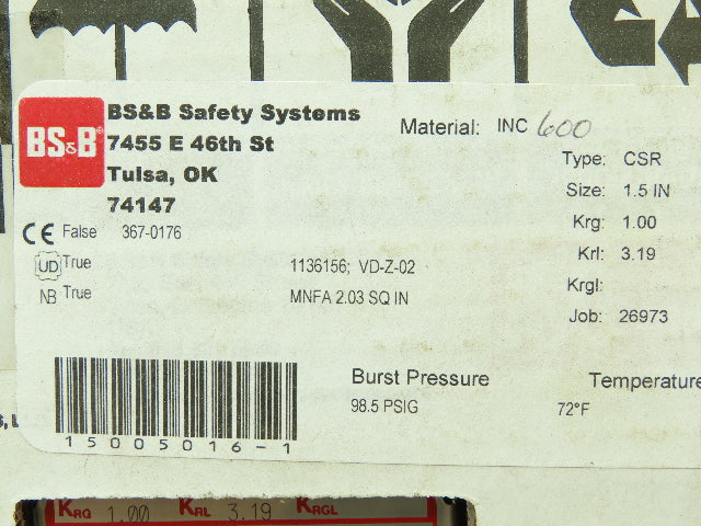 BS&B Safety Systems 1136156; VD-Z-02 Rupture Disk 1.5" Type CRS 98.5 PSIG @ 72°F