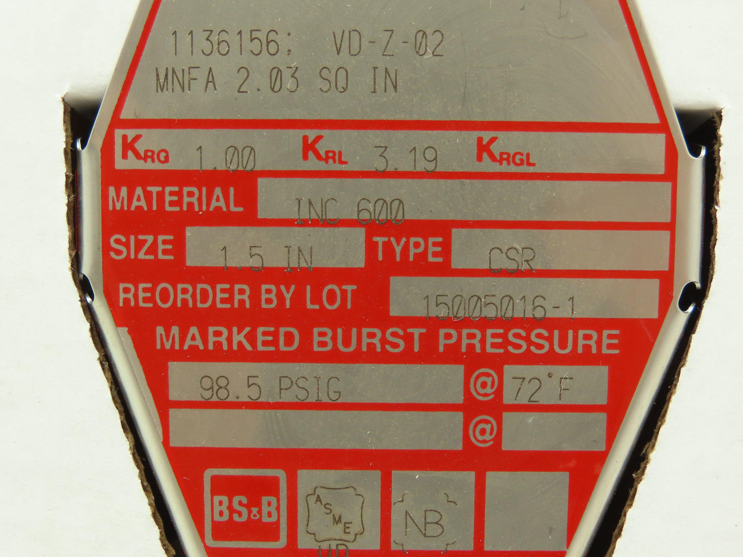 BS&B Safety Systems 1136156; VD-Z-02 Rupture Disk 1.5" Type CRS 98.5 PSIG @ 72°F