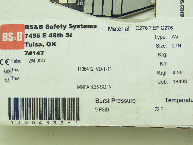 BS&B Safety Systems 1136412 VD-T-11 Rupture Disk 2" Type AV 9 PSID @ 72°F