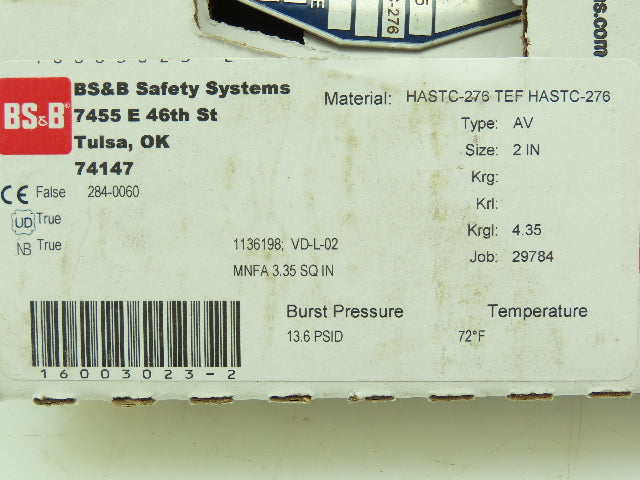 BS&B Safety Systems 1136198; VD-L-02 Rupture Disk 2" Type AV 13.6 PSID @ 72°F