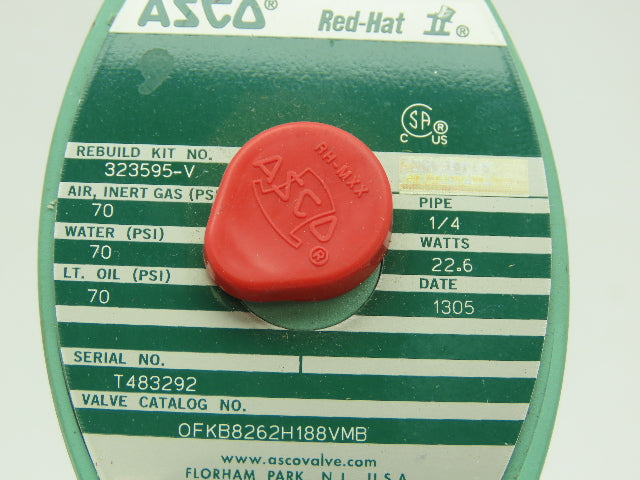 Asco Red-Hat OFKB8262H188VMB Numatic Solenoid Valve SS 2-Way 1/4"NPT 70PSI 24VDC