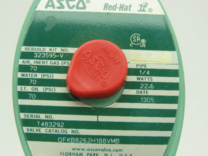 Asco Red-Hat OFKB8262H188VMB Numatic Solenoid Valve SS 2-Way 1/4"NPT 70PSI 24VDC