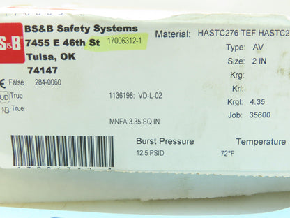 BS&B Safety Systems 17006312-1 Rupture Disk 2" Type AV 12.5 PSID @ 72°F