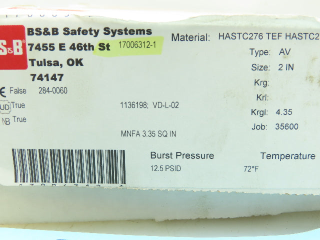 BS&B Safety Systems 17006312-1 Rupture Disk 2" Type AV 12.5 PSID @ 72°F