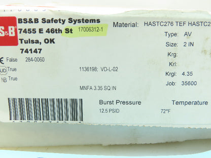 BS&B Safety Systems 17006312-1 Rupture Disk 2" Type AV 12.5 PSID @ 72°F