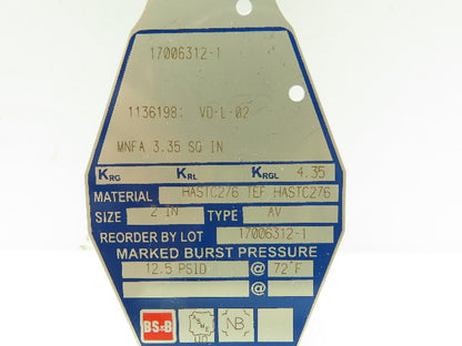 BS&B Safety Systems 17006312-1 Rupture Disk 2" Type AV 12.5 PSID @ 72°F