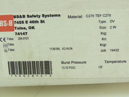 BS&B Safety Systems 1136184, DV-N-04 Rupture Disk 2" Type DV 13.75 PSIG @ 72°F