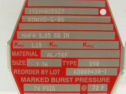 BS&B Safety Systems 015927 BIN:VD-G-06 Rupture Disk 2" Type S90 74 PSIG @ 72°F