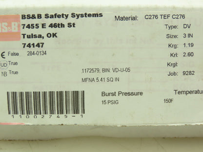 BS&B Safety Systems 1172579,BIN;DV-U-05 Rupture Disk 3" Type DV 15 PSIG @ 150°F