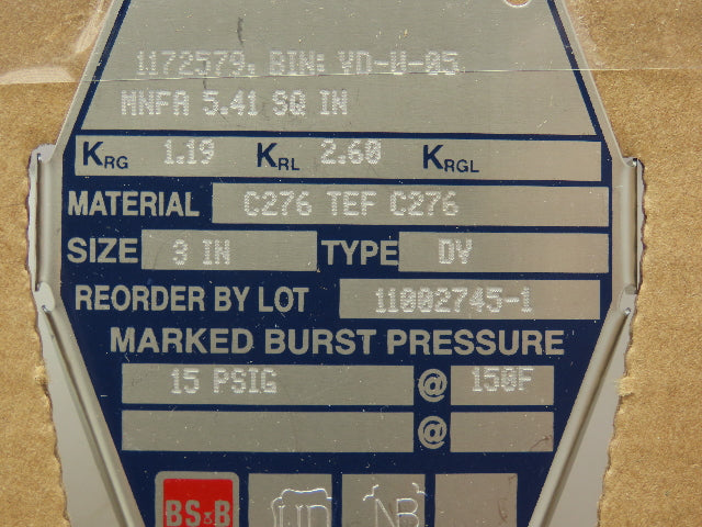 BS&B Safety Systems 1172579,BIN;DV-U-05 Rupture Disk 3" Type DV 15 PSIG @ 150°F