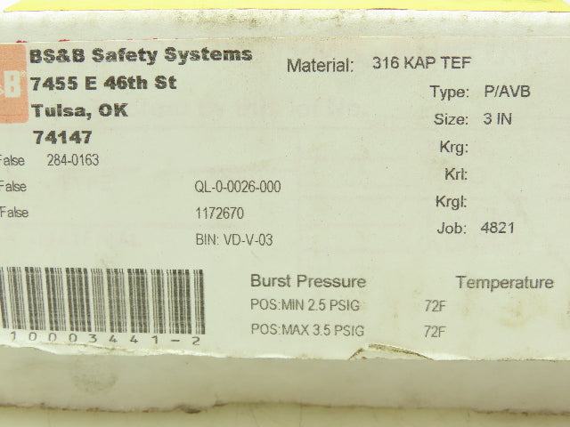 BS&B Safety Systems VAC-SAF Rupture Disk 3" Type P/AVB 2.5-3.5 PSIG @ 72°F