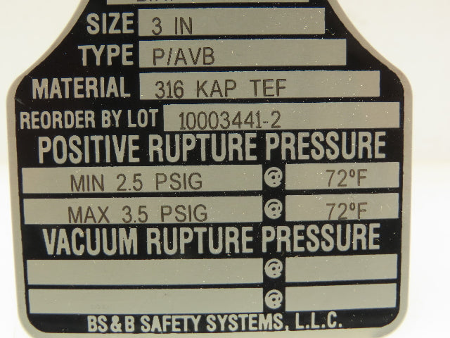 BS&B Safety Systems VAC-SAF Rupture Disk 3" Type P/AVB 2.5-3.5 PSIG @ 72°F