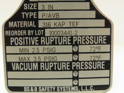 BS&B Safety Systems VAC-SAF Rupture Disk 3" Type P/AVB 2.5-3.5 PSIG @ 72°F