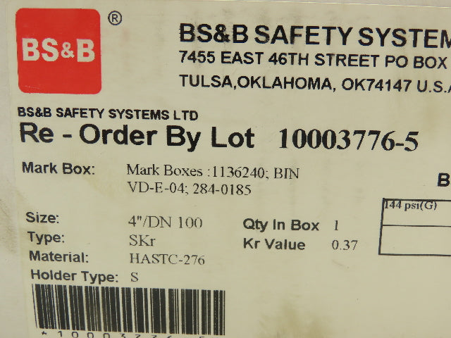 BS&B Safety Systems 1136240:BIN VD-E-04 Rupture Disk 4" Type SKR 144 PSIG @ 72°F