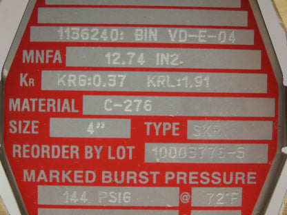BS&B Safety Systems 1136240:BIN VD-E-04 Rupture Disk 4" Type SKR 144 PSIG @ 72°F