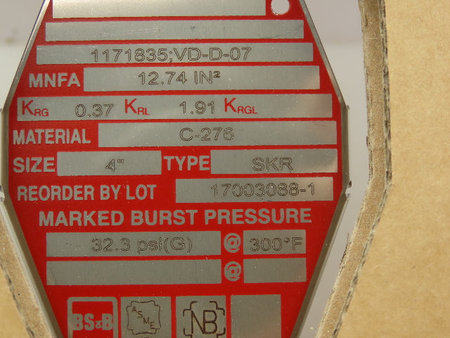 BS&B Safety Systems 1171835;VD-D-07 Rupture Disk 4" Type SKR 32.3 PSIG @ 300°F