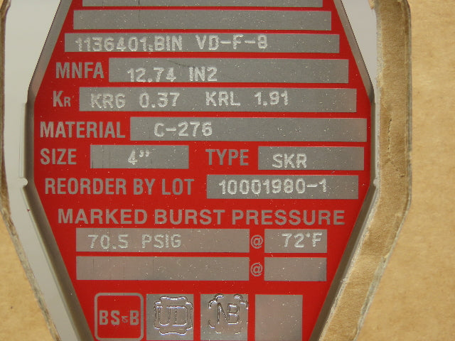 BS&B Safety Systems 1136401,BIN VD-F-8 Rupture Disk 4" Type SKR 70.5 PSIG @ 72°F