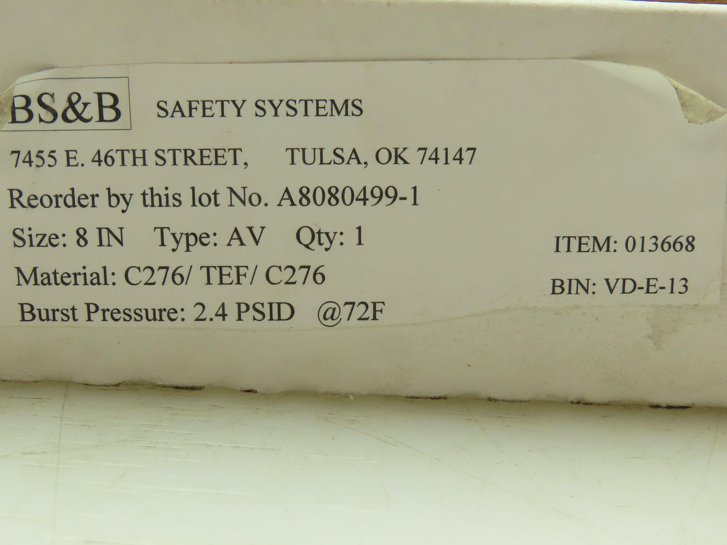 BS&B Safety Systems 013668 BIN: VD-E-13 Rupture Disk 8" Type AV 2.4 PSID @ 72°F