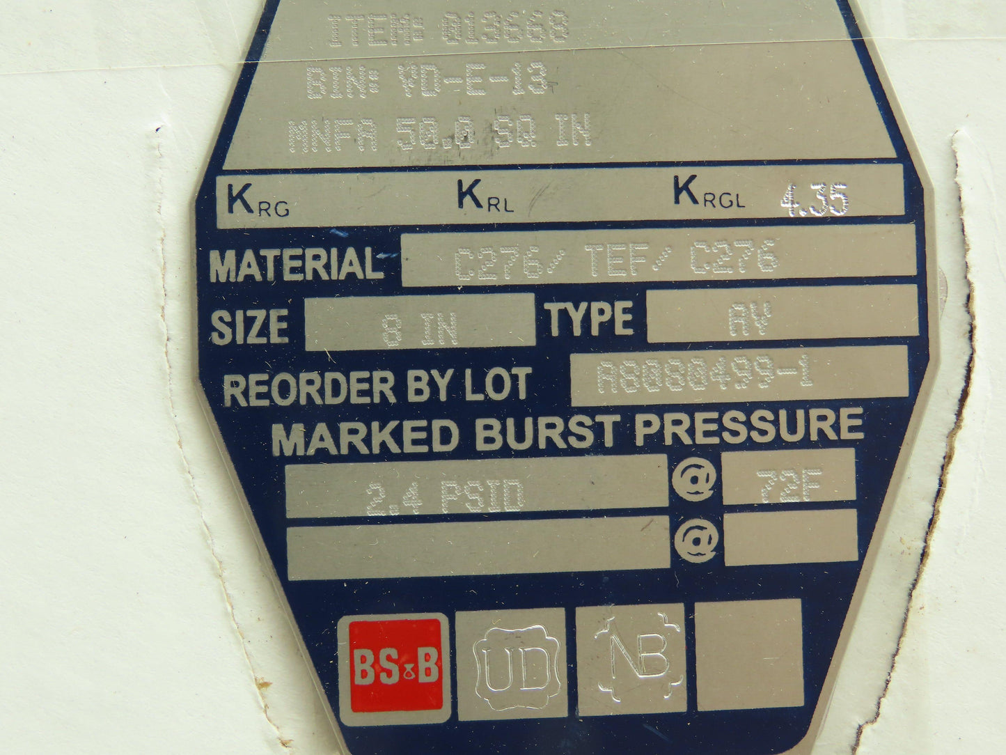 BS&B Safety Systems 013668 BIN: VD-E-13 Rupture Disk 8" Type AV 2.4 PSID @ 72°F