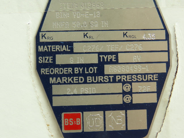 BS&B Safety Systems 013668 BIN: VD-E-13 Rupture Disk 8" Type AV 2.4 PSID @ 72°F