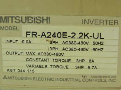 Mitsubishi A200 Variable Freq. Drive VFD AC Inverter Freqrol 480V 3 PH 6.7A 3 HP