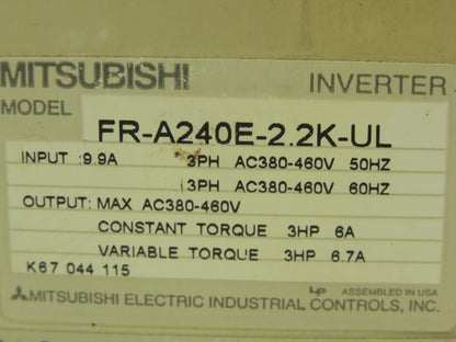 Mitsubishi A200 Variable Freq. Drive VFD AC Inverter Freqrol 480V 3 PH 6.7A 3 HP