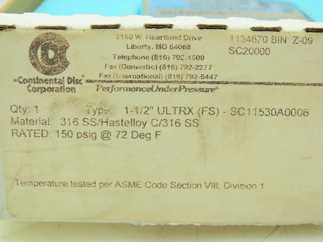 Continental Disc 8276607A Rupture Disk 1.5" Type 1-1/2"ULTRX(FS) 150 PSIG @ 72°F
