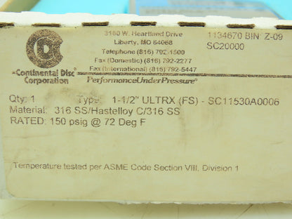 Continental Disc 8276607A Rupture Disk 1.5" Type 1-1/2"ULTRX(FS) 150 PSIG @ 72°F