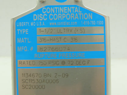 Continental Disc 8276607A Rupture Disk 1.5" Type 1-1/2"ULTRX(FS) 150 PSIG @ 72°F
