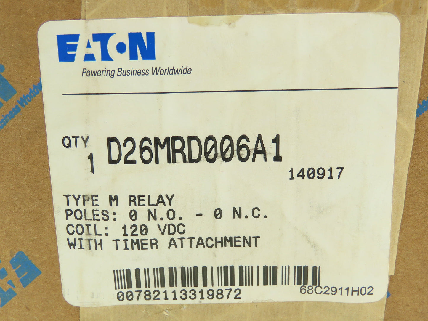 Eaton D26MRD006A1 Type M Relay 120VDC Coil w/.1-180 Sec Timer 0-NO/ 0-NC 10A