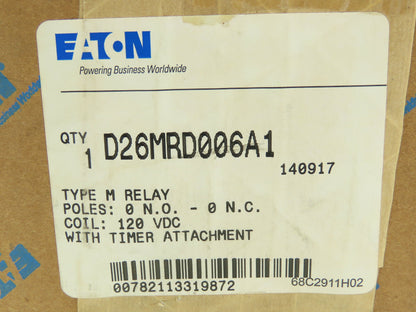 Eaton D26MRD006A1 Type M Relay 120VDC Coil w/.1-180 Sec Timer 0-NO/ 0-NC 10A