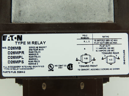 Eaton D26MRD006A1 Type M Relay 120VDC Coil w/.1-180 Sec Timer 0-NO/ 0-NC 10A