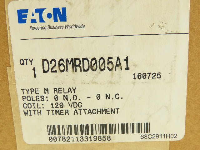 Eaton D26MRD005A1 Type M Relay 4P 10A 120VDC Coil w/.1-180 Sec Timer 0-NO / 0-NC