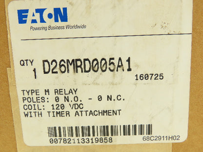 Eaton D26MRD005A1 Type M Relay 4P 10A 120VDC Coil w/.1-180 Sec Timer 0-NO / 0-NC