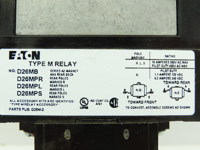 Eaton D26MRD005A1 Type M Relay 4P 10A 120VDC Coil w/.1-180 Sec Timer 0-NO / 0-NC