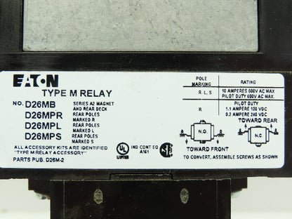 Eaton D26MRD005A1 Type M Relay 4P 10A 120VDC Coil w/.1-180 Sec Timer 0-NO / 0-NC