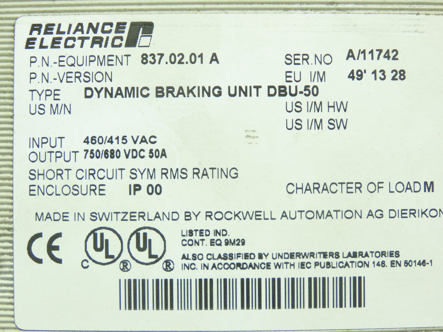 Reliance Electric 837.02.01 A Dynamic Braking Unit DBU-50