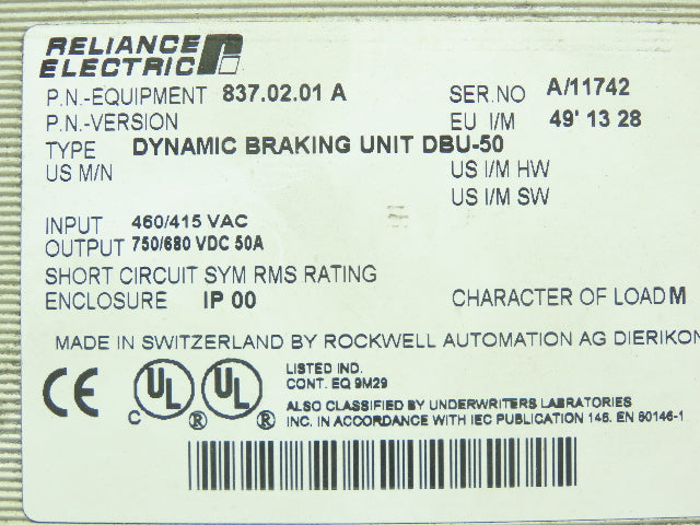 Reliance Electric 837.02.01 A Dynamic Braking Unit DBU-50