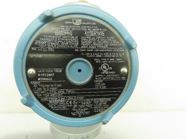 UE H122-550 Pressure Switch 15A 480V 30"-3" HgVac Hazardous Loc Explosion Proof