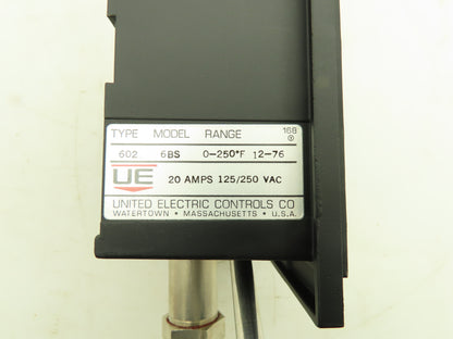 UE United Electric Type 602 6BS Dial Temperature Controller 0-250°F 20A 125/250V