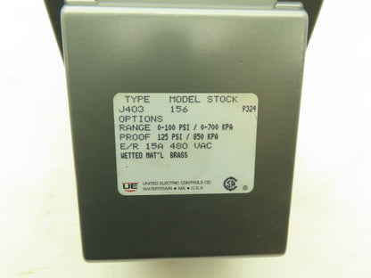 UE United Electric Type J403 156 Pressure Switch SPDT 0-100 PSI 15A 480V 1/4"NPT