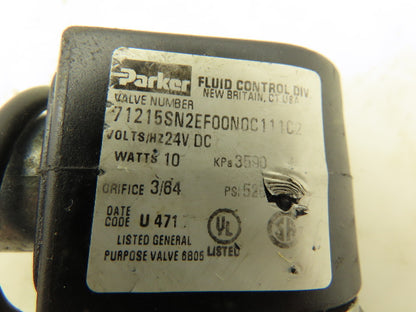Parker 71215SN2EF00N0C111C2 Pneumatic Solenoid Valve 24VDC 520PSI 3/64 Orifice