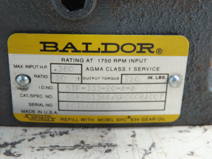 Baldor STF-133-20-A-A 87.5 RPM Output 20:1 Ratio Right Angle Speed Reducer 56C