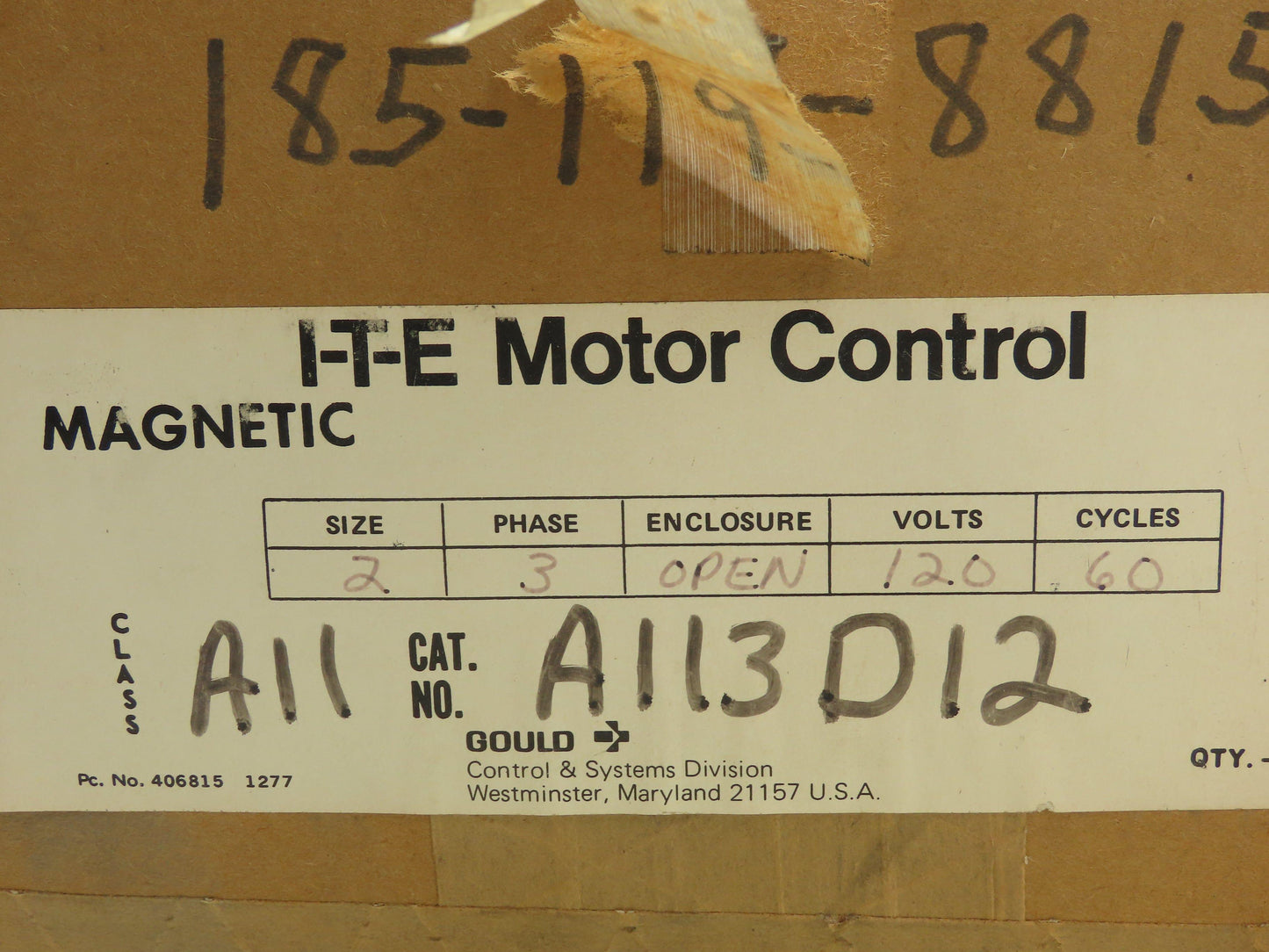 Gould A113D12 Class A11 NEMA Size 2, 3 Phase, Reversing Motor Starter Contactor