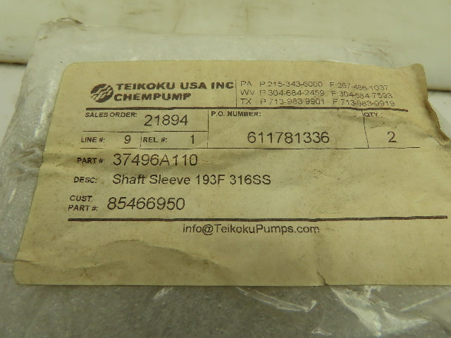 Teikoku 37496A110 Chempump Shaft Sleeve 193F 316SS 1-3/16" & 1-1/4"ID 1-5/8"OD