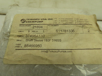 Teikoku 37496A110 Chempump Shaft Sleeve 193F 316SS 1-3/16" & 1-1/4"ID 1-5/8"OD
